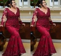 Wholesale Vintage Burgundy Long Sleeves Prom Mother of the Bride Dresses Plus size Lace Beaded Sequin Evening Red Carpet Formal Gowns Dress