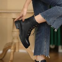 Wholesale Boots Winter Women Cow Leather Low Heel Lace Up Cowhide Braided Side Drawing Small Feet Motorcycle Size