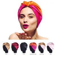 Wholesale 6 Colors Bow Double Silk Elastic Bathing Sleep Satin Salon Bonnet For Night Hair Hat Natural Curly Hair For Women Head Wrap Cap1