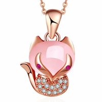 Wholesale Rose Gold Plated Lovely Fox Pink Quartz Pendant Link Chain Necklace White Agate Jewelry