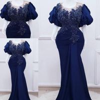 Wholesale Formal Nigeria Navy Blue Mermaid Evening Dresses Lace Applique Beading Plus Size Prom Party Dress Second Reception Birthday Engagement Gowns