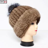 Wholesale Beanie Skull Caps Russia Lady Warm Knitted Real Hat Winter Natural Beanie Fashion Fur Ball Top Genuine Hats1
