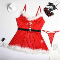 Wholesale NXY Sexy set New arrivals Christmas white fluff sexy mini suspender dress and thong red green women underwear lingerie with belt