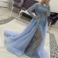 Wholesale Luxury Light Sky Blue Evening Dresses Illusion Long Sleeves Lace Applique Beads Crystal Overskirts Celebrity Cocktail Party Prom Gowns