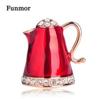 Wholesale Pins Brooches FUNMOR Red Enamel Teapot Crystal Rhinestone Daily Electric Kettle Brooch Corsage Women Men Suit Coat Lapel Pins Joias1