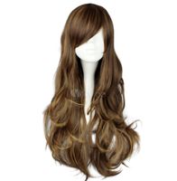 Wholesale Elegant Long Wavy Dark Brown Side Swept Capless Synthetic Wig