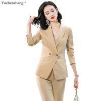 Wholesale Women Single Breasted Formal Business Work Pant Suit S XL Office Lady Khaki Yellow Green Gray Jacket And Trousers Piece Set