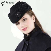 Wholesale Stingy Brim Hats Fashion Vintage Wool Felt Women Beret Feathers Stewardess Small Fedora