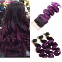Wholesale Dark Root Purple Ombre Indian Virgin Human Hair Weave Extensions with Closure Body Wave B Purple Ombre Lace Front Closure x4 with Bundles