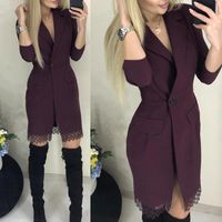 Wholesale Casual Dresses Office Lady Lapel Collar Sleeve Lace Hem Button Knee length Dress Blazer Petite Cut Gives Slim And Fit Around The Waist G