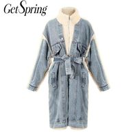Wholesale Women s Fur Faux GetSpring Women Winter Coat Denim Stitched Lamb Hair Thickened Loose Long Jacket Irregular Lace Up Overcoat