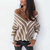 Wholesale Women s Sweaters Sexy Striped V Neck Off Shoulder Knitted Sweater Woman Elegant Office Ladied Autumn Clothes Thin Pullover Casual Top Black