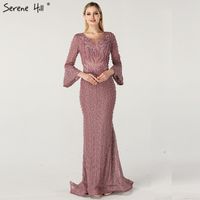 Wholesale Muslim Pink Luxury Long Sleeves Evening Dresses Pearls Crystal Lace Evening Gowns Serene Hill La60813 Y200930