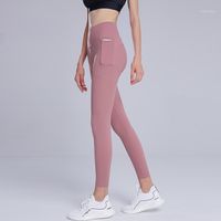 Wholesale Yoga Outfits Women Pants High Waist Fitness Gym Leggings Side Pockets Push Up Workout Running Length Jogging Female Sport Tights1