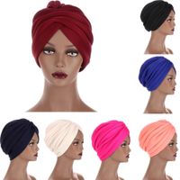 Wholesale Indian Turban Muslim Hijabs Women Cotton Chemo Cap Pleated Hair Loss Cover Beanie Bonnet Cancer Hat Stretch Headwear Hat Islamic