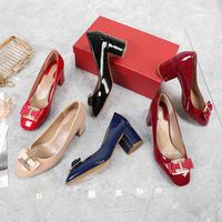 Wholesale 2021 Spring and Autumn Sf Women s Shoes Bow Tie Thick Heel High I button Single Round Head Patent Leather Medium Small Red