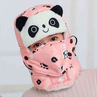 Wholesale Animal Panda Sharp Bomber Hats For Girl Boy Winter Hats With Scarf Neck Masks Cotton Snow Cap Earflaps Russian Hat