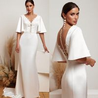 Wholesale Jewel Sheer Neck Mermaid Wedding Dresses Half Sleeves Sexy Backless crepe Lace Appliques Floor Length Bridal Gowns