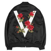Wholesale Women s Jacket High Quality Rose Embroidered Satin Jacket Street Style Zipper Loose Coat Print Bomber Jacket Women Inverno