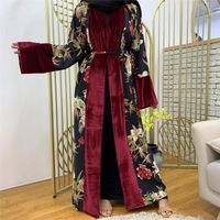Wholesale Ethnic Clothing Muslim Women Floral Print Velvet Dress Abaya Kaftan Jilbab Loose Warm Robe Islamic Arab Autumn Winter Fashion
