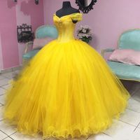 Wholesale Modern Belle Yellow Quinceanera Prom dresses Ball Gown Real Photo Cheap off the shoulder with Sleeves Tulle Sweet Dress Vastidos De Dress