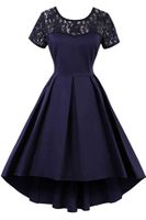 Wholesale Elegant Scoop Sheer Lace Neckline and Short Sleeve A line Pleats High Low Skirt Navy Blue Homecoming Dress Short Prom Gown Night Club Dress