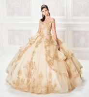 Wholesale 2021 Ball Gown Champagne Quinceanera Dresses Lace Bodice Corset Gold Appliqued Sequins Prom Dress Tiered Tulle Gorgeous Princess Gowns