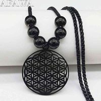 Wholesale 2022 Flower of Life Stainless Steel Necklaces for Women Long Black Color Bead Statement Necklace Jewerly Cadena Hombre N429s03