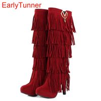 Wholesale Boots Sexy Sales Winter Women Knee High Fringe Black Red Brown Yellow Lady Fashion Tassel Heel Shoes AY307 Plus Big Size