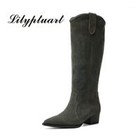 Wholesale Nude Black Suede Embroidered Knee high Boots Women Pointy Toe Spike Kitten heels Winter Long Boots Flats Knight1