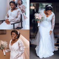Wholesale Gorgeous White African Mermaid Wedding Dresses Lace Plus Size Full Sleeves Appliques Beaded Vestidos De Novia Long Bridal Gowns