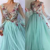 Wholesale 2021 Sexy Paolo Sebastian Hand Made Embroidery Prom Dresses Sheer Jewel Neck Long Sleeve Beaded Soft Tulle Evening Gowns robes de soiree