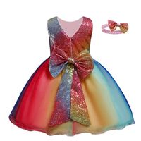 Wholesale Children Summer Clothes Girls Rainbow Dresses Kids Birthday Party Tutu Christening Gown Sequined Bow Lace Mesh Princess Children Summer Clot