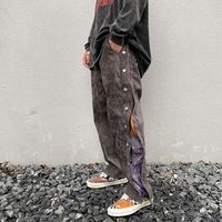 Wholesale High Street Side Button Cashew Print Suede Baggy Pants Mens Drawstring Straight Loose Casual Pants Hip Hop Oversize Trousers