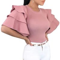 Wholesale Women Ruffles Short Sleeve Blouses Summer Tops Elegant O neck Slim Ladies Office Shirt Korean Fashion Pink Red Blouse Blusa Y200930
