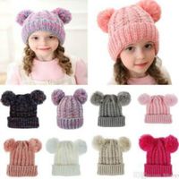 Wholesale Kid Knit Crochet Beanies Hat Girls Soft Double Balls Winter Warm Hat Colors Outdoor Baby Pompom Ski Caps dc814