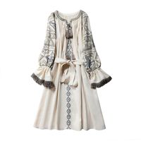 Wholesale Casual Dresses Spring Cotton Linen Boho Dress Ethnic Floral Embroidery Fringe Long Sleeve Mini Ukraine Short Women Vestido