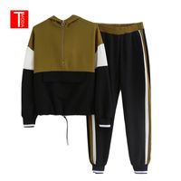 Wholesale Set Female Brown Black Contrast Color Baseball Bomber Pullover Jacket Women Tops and Pencil Jogging Pants Suits Two Piece Sets Y200110