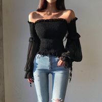 Wholesale Solid Color Pleated Bow Fashion Women Ladies Long Sleeve Off Shoulder Cropped Tops Blouse Shirt Lace Up Corset White Black