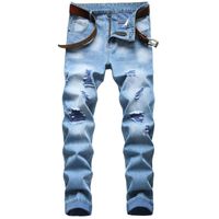 Wholesale Men s Jeans Mens Autumn Winter Male Ripped Light Blue Straight Pants Casual Fashion Slim Non Stretch Cotton Denim Trousers