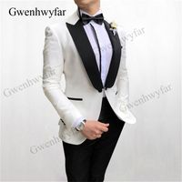 Wholesale Gwenhwyfar Ivory Blazer Black Pants Sets For Male Custom Buttoned Design Groom Men Suits Wedding Party Best Wear Tuxedos