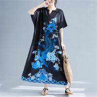 Wholesale Casual Dresses Fashion Dragon And Phoenix Print Chiffon Dress Women Elegant Vintage Oversize Summer Vestidos Chinese Long1