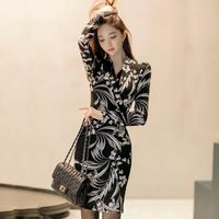 Wholesale Casual Dresses CINESSD Sexy Bodycon Dress Spring Black With Long Sleeve V Neck Elegant Flower Ladies Party Korean Office Mini