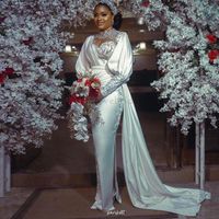 Wholesale Luxurious Arabic Aso Ebi Mermaid Wedding Dress High Neck Flare Sleeves Bridal Gowns Robe De Soirée Garden Wedding Gowns