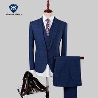 Wholesale 3 Pieces Men Custom Made Business Suit Plaid Suits Navy Blue Blazer Classic Gray Tuxedo Groom Wedding Suit Dress Coat