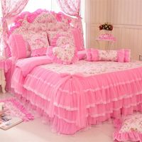 Wholesale Korean style pink Lace bedspread bedding set king queen princess duvet cover bed skirts bedclothes cotton home textile