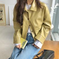 Wholesale 2020 Women Autumn Turn down Collar Glossy Short Jacket Olive Green Single Breasted Coat Straight Outwear1