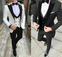 Wholesale White Groom Tuxedos Mens Wedding Suits Black Peaked Lapel Man Blazer Piece Slim Fit Male Jacket Trousers Double Breasted Vest Prom Party