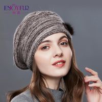 Wholesale Berets ENJOYFUR Fashion Mix Color Hat Female Cashmere Pompom Patchwork Women Winter Hats Caps Lady Middle Aged Warm Knitted