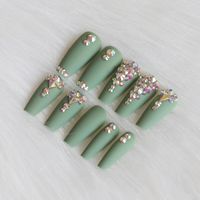 Wholesale 24pcs latest candy long ballet handmade crystal diamond Matte fake nails sexy green